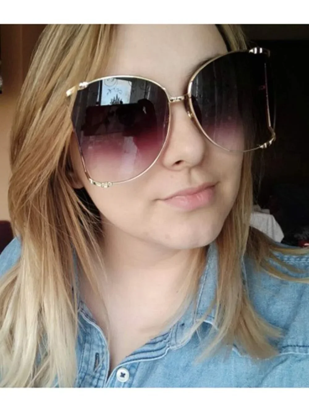 Women's Oversized Semi Rimless Sunglasses Retro Metal Frame Glasses Gold Grey